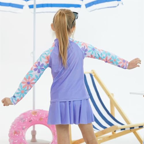 Image of Girls Rash Guard 3 Piece Swimsuit Set UPF 50+ Long Sleeve Swim Skirt Sets Size 6-12 Years