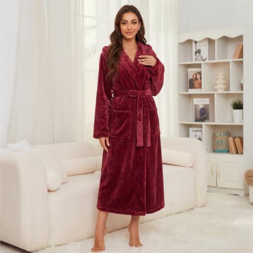 Image of Womens Long Hooded Fleece Robe, Soft Warm Spa Bathrobe for Cozy Lightweight Loungewear