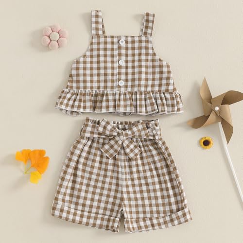 Toddler Girl Outfits Set Ruffled Button Strap Crop Tops Plaid Shorts Set Matching Bowknot Belt Summer Clothes Set2