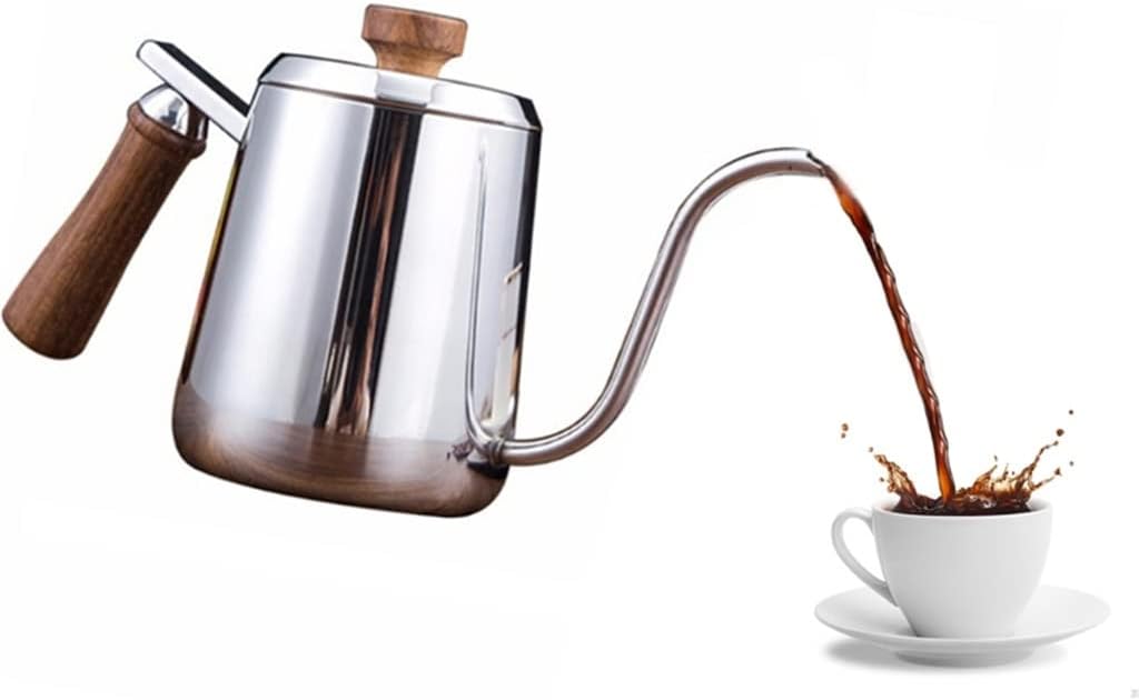 Stainless Steel Silver Coffee Kettle Long Narrow Gooseneck Spout Pour Over Thin Mouth Retro Tea Pot with Scale