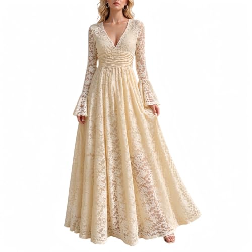 Women's Boho Lace Maxi Dress V Neck Long Sleeve...