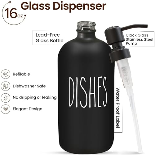 Image of Sunrise Premium 16 OZ Thick Black Glass Soap Dispenser, Matte Black Stainless Steel Pump 2 Pack, Hand and Dish Soap Dispenser Set for Bathroom with 6 Waterproof Labels