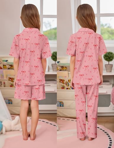 SWOMOG Kids Pajamas Sets 3PCS Short Sleeve Long Pants with Shorts Girls Boys Button Down PJS Cute Loungewear for 4T-15Years, - Image 4