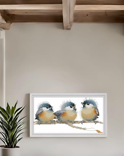 Image of CaptainCrafts Cross Stitch Kits for Adults Counted Birds Pattern Art Decor | Unprinted 14CT Fabrics, Three Birds Cross Stitching, DIY Hand Embroidery, Relaxing Crafts