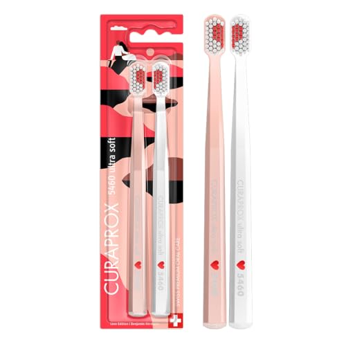 Curaprox Cepillo de dientes manual Love Edition 2025 | Ultrasuave para Dientes y Encías Sensibles | Paquete de 2, Blanco y Rosa/Fabricado en Suiza