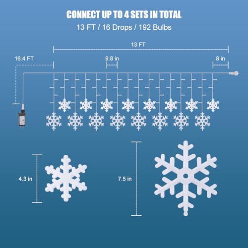 Brightown Christmas Snowflake Lights Outdoor - 13FT 192LED Snowflake String, 16 Drops, 12 Modes, Timer, IP65 Waterproof, Connectable Xmas Lights for Eaves Windows, Indoors & Outdoors