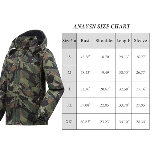 ANAYSN Herren Regen Jacke mit Kapuze wasserdicht leichte Jacke und Reißverschlusstaschen Regenmantel für Outdoor Camping Wandern (Camo, L)