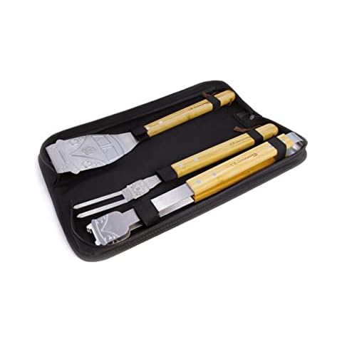 BRISA VW Collection - Volkswagen Stainless Steel Grill Cutlery Set - Tongs, Fork, and Turner in T1 Bus Design (3-Piece with Carrying Case) Cover