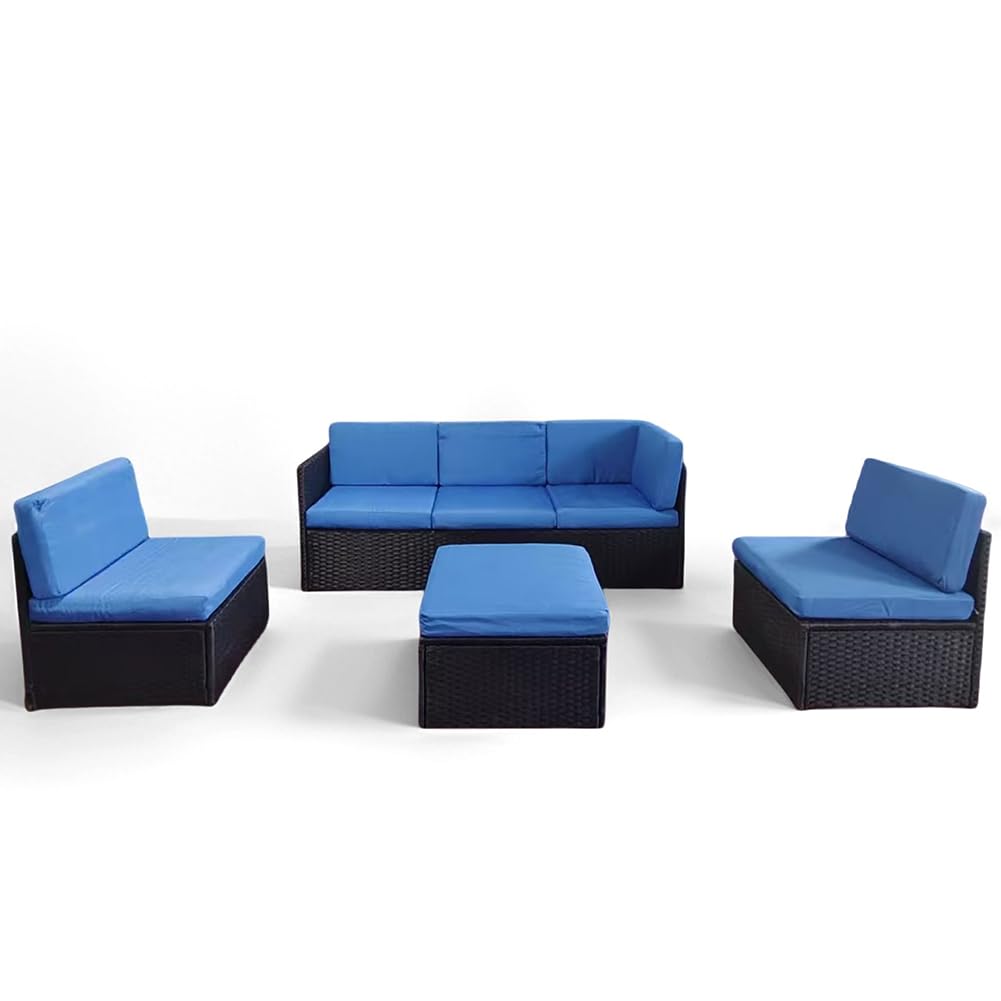 BAKAJI Set Divano 4 Pezzi da Giardino in Polyrattan con Pouf 5 Posti, Salotto per Arredamento da Esterno con Struttura in Metallo e Cuscini Imbottiti Salottino per Terrazzo Moderno (Blu)