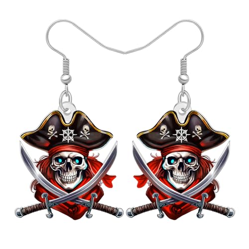 DOWAY Acrylic Pirate Skull Earrings Spooky Witch Hat Pumpkin Halloween Dangle Earrings Pirate Jewelry Skull Gifts for Women Halloween Costume Accessories (Red)