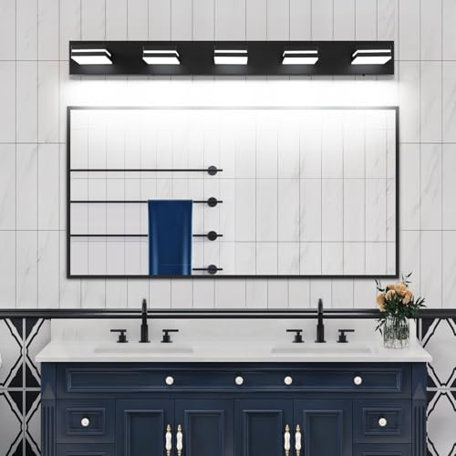 Image of Bathroom Vanity Lighting Fixtures Over Mirror (5-Light, 40-Inch) Modern LED Bathroom Wall Lighting Fixtures, Matte Black (Cool White 6000K)