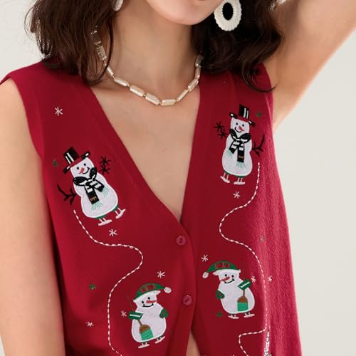 Image of Christmas Vest for Women Reindeer Santa Snowman Embroidery Sweater Sleeveless Ugly Xmas Knit Tank Top