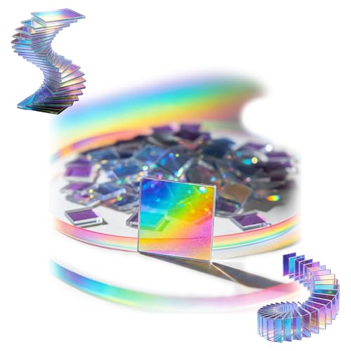 50/100/200 Pcs Mini Iridescent Acrylic Squares 1/8" Thick, 3/4" x 3/4" & 1-3/16" x 1-3/16" Rainbow Holographic Mosaic Tiles for DIY Crafts, Art, Light & Shadow Artwork (100Pcs,2 * 2cm/0.79 * 0.79in)