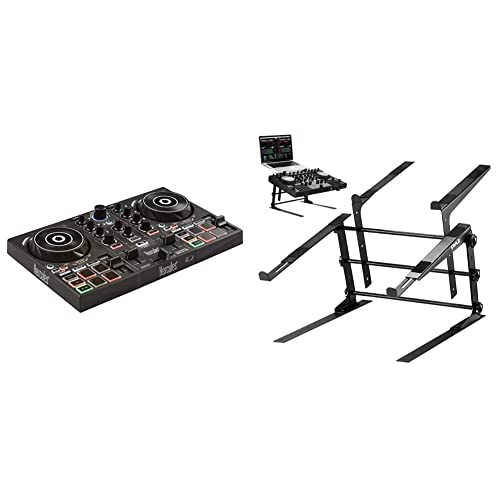 Hercules DJControl Inpulse 200 â DJ controller with USB & Pyle Portable Dual Laptop Stand - Standing Table with Adjustable Height, Ergonomic Design & Anti-Slip Prongs for DJ Mixer, Black