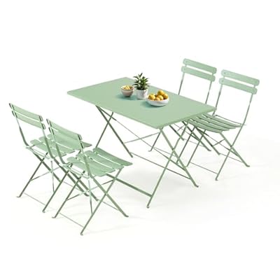 MELLCOM 5-Piece Foldable Patio Dining Set with Rectangular Table and Chairs, Weather-Resistant Iron Outdoor Dining Set for 4 People, Outdoor Table and Chairs for Patio, Yard, Indoor, Green