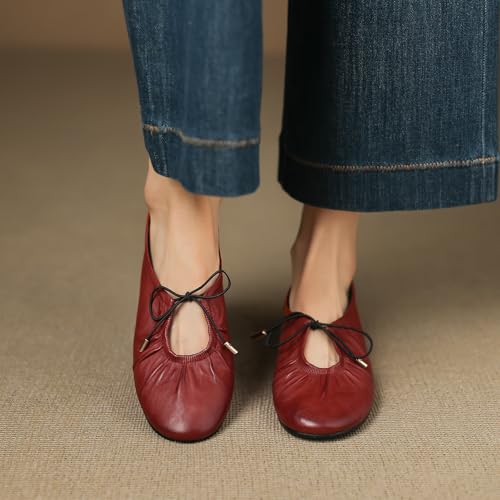 Ballet Flat Shoes for Women Round Closed Toe Lace Up Bows Ballerina Slip On Casual Comfortable Mary Jane Shoes4