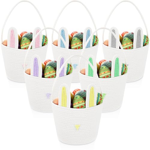 Image of Beeveer 6 Pack Easter Baskets with Handle Woven Bunny Egg Hunt Basket with Rabbit Ears Print Bags Empty Easter Treat Bag Cotton Woven Egg Box for Gifts Party Decorations Favors(Colorful)