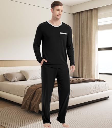 Image of NACHILA Pajamas for Men-Viscose Made from Bamboo, Long Sleeve Pajamas Set Comfy Sleepwear Pants Soft V Neck Pjs with Pockets