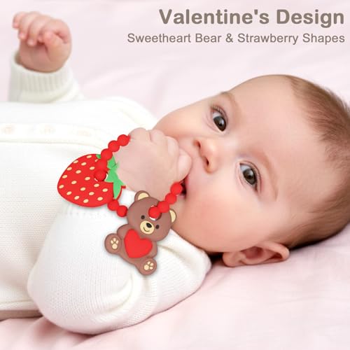 Valentine’s Baby Teething Toys, Teddy Bear & Strawberry Silicone Teether for 3–12 Months, Textured Sensory Chewing Ring for Infants & Toddlers, Baby’s First Valentine’s Day Gift for Boys and Girls - image 3