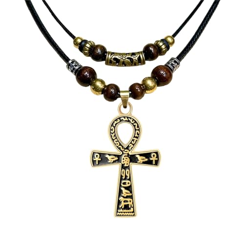 Double Layer Egyptian Necklace Ankh Cross Pendant Necklace Stainless Steel Ancient Egyptian Hieroglyphic Symbol Necklace for Men Women