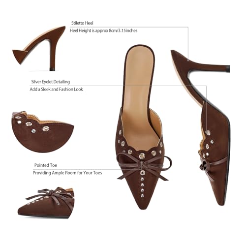 Image of DOEYG Women Pointed Toe Bow Heels Mules Slip on Stiletto Heels Sandals Dress Party Wedding Studded Heels Pumps