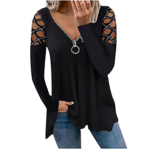 Langarmshirt Damen Pullover Langarm Locker Sweatshirt Sexy Cut Out Schulterfrei Oberteile Frauen Mädchen Einfarbig Tee Shirts mit Reißverschluss Elegant Lange Ärmel Top Basic Bluse Lässig Tunika Hemd Cover