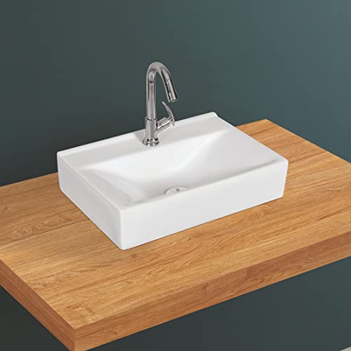 Kemjo Ceramic White Table Top Wash Basin with Accessories | 18.50 x 12.79 x 4.72 inch | WT-Avvio