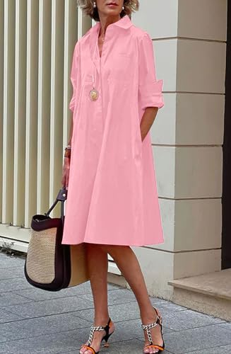 Image of chouyatou Women's Spring Summer Button-Down Shirt Dress Loose A-Line Midi Shift Tunic Dress