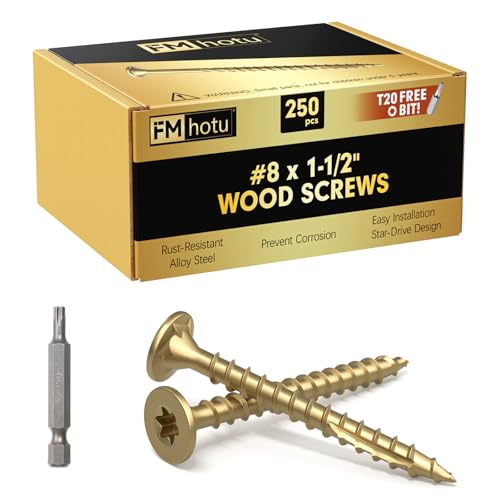 Image of #8 x 1-1 /2 inch Deck Screws, 250Pcs Star Drive Wood Screws, Rust Resistant Timber Screws for Timber /Log /Landscaping Wood, T20 Star Bit Included, Gold