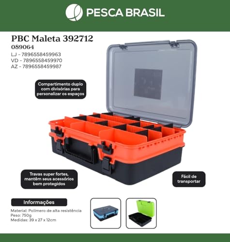 Pesca Brasil, Maleta de Pesca 392712 Para Acessórios Compartimento Duplo com Divisórias e Trava Fáci