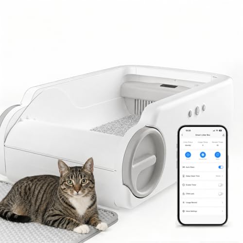 Cosmillio Open Top Automatic Litter Box Self Cleaning Cat Litter Box for Multiple Cats Electric Litter Box with Smart APP Control White
