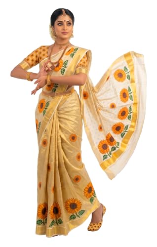 Image of Women's Mural Printed Kerala Gold Tissue Saree with Running Blouse Piece | Traditional South Indian Ethnic Saree for Festivals, Weddings & Special Occasions