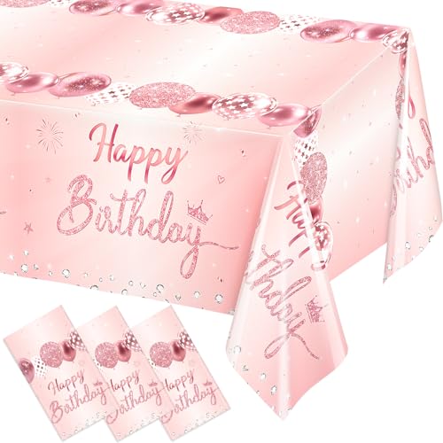 Image of WNINK 3 Pack Pink & Rose Gold Happy Birthday Tablecloths, Disposable Plastic Rectangular Table Covers for 6th 21st 30th 40th 50th Women Girls Birthday Party 54 x 108 Inches