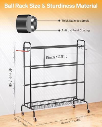 EXTCCT-Basketball-Rack-with-Wheels-4-Tier-Garage-Ball-Storage-Organizer-Heavy-duty-rolling-balls-cart-with-two-basket-storage-ball-holder-Sports-equipment-organized-for-outdoor-indoor-Grey