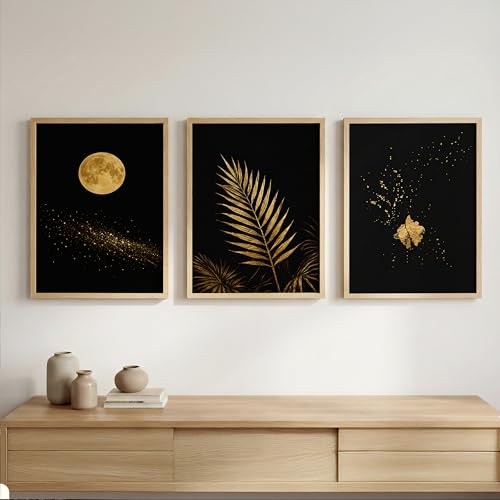 Image of TheMakerly Set of 3 Moon & Golden Palm Leaf Wall Art Paintings for Living Room | Modern Luxury Black Gold Wall Decor | Framed Wall Paintings for Bedroom, Hall, Office & Home Decoration (13x19 Inches)