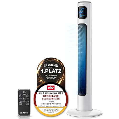 Brandson - Turmventilator mit Fernbedienung 96 cm - Preisträger 2026 - mobiler Lüfter leise - Standventilator mit Oszilation - 3 Geschwindigkeiten 3 Modi - Timer - Ventilator - GS - Perlweiß