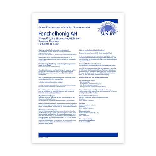 SUNLIFE Fenchelhonig AH 350 g - Sirup gegen Erkältung & Husten - Wirkstoff bitteres Fenchelöl - Hustenlöser für Kinder ab 1 Jahr - Fenchelhonig flüssig