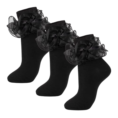 Dicry Women's Big Ruffle Socks with Bows Double Lace Turn Cuff (Size 9-11, 3 Pairs)