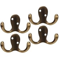 Brass Hooks, Antique Brass Coat Hooks for Door and Wall, Set of 4 Heavy Duty Metal Hooks with 8 Screws, Space Saving Gold Coat Hooks for Bathroom Bedroom Office