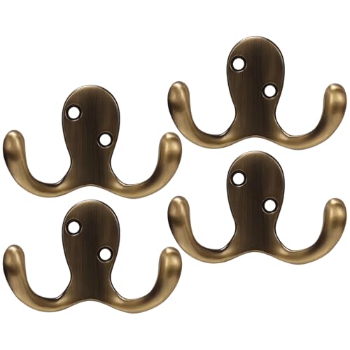 DXPETA Brass Hooks Antique Brass Coat Hooks for Door and Wall Set of 4 Heavy Duty Metal Hooks with 8 Screws Space Saving Gold Coat Hooks for Bathroom Bedroom Office