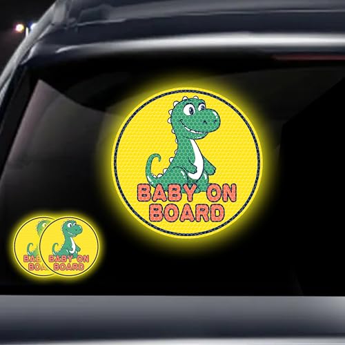 Image of 2PCS Assured Signs Baby On Board Sign Stickers,Reflective Baby Safety Warning Decal for Cars- Bright Yellow, Durable (Dinosaur Baby on Board)