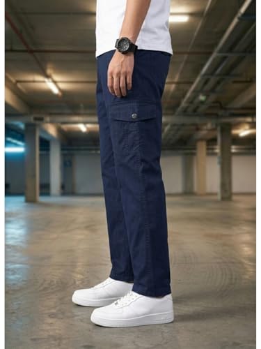 Image of Men's Cargo Trousers-100% Premium Cotton Regular Fit Lightweight Breathable Elastic Waist Multi-Pocket Casual Utility Pants