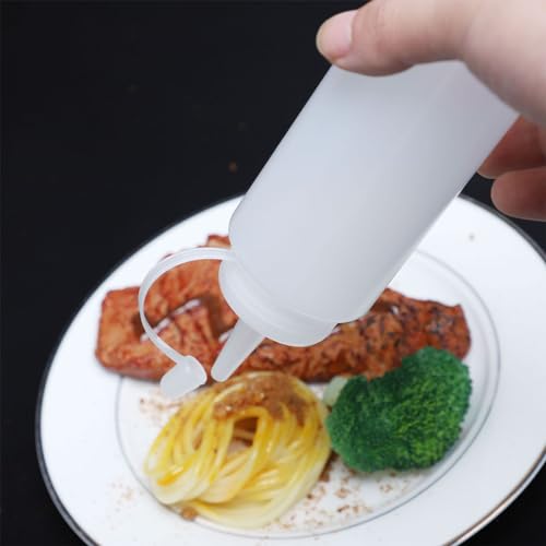 Image of Plastic Condiment Squeeze Bottle Ketchup Mustard Honey Sauce Dispenser Bottle with Twist On Cap Lids and Discrete Measurements - 200 ML (White, Pack of 2)
