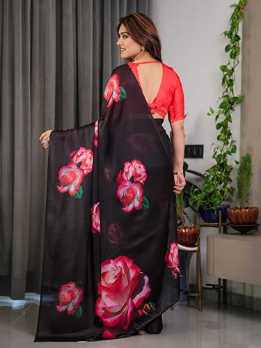 Image of ALMAARI FASHION Satin Georgette Floral Printed Saree with Blouse, 5.5 Meter Saree with 0.8 Meter Blouse, Traditional (SG 108 SH)