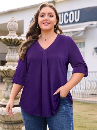 Plus Size Tops for Women V Neck Blouse Pleated Front Loose Fitting Tunic Top Dressy Casual Fall Clothes 2025