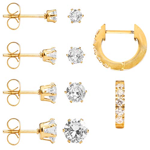 Surgical steel stud and huggie hoop set, hypoallergenic 316L, sensitive earrings for women, men, girls, teenagers, 3mm-6mm, cubic zirconia, gold and silver earrings