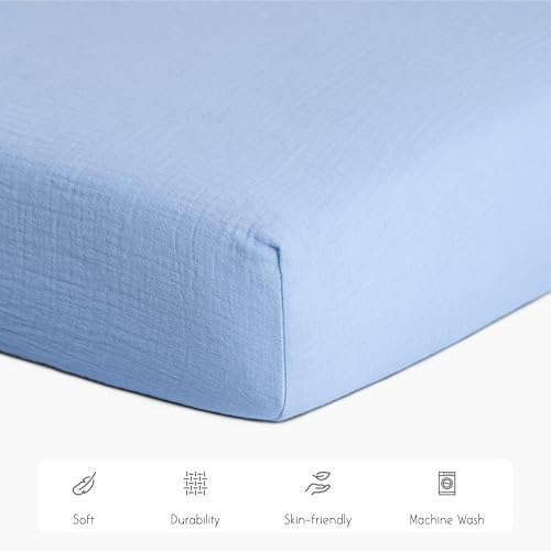 Image of Meracorallo Muslin Pack and Play Fitted Sheet, 100% Cotton, Sky Blue | Soft Breathable Mini Crib Sheet, Pack N Play Sheet, 38x26 In, Playard Mattress Sheet for Baby Boys and Girls