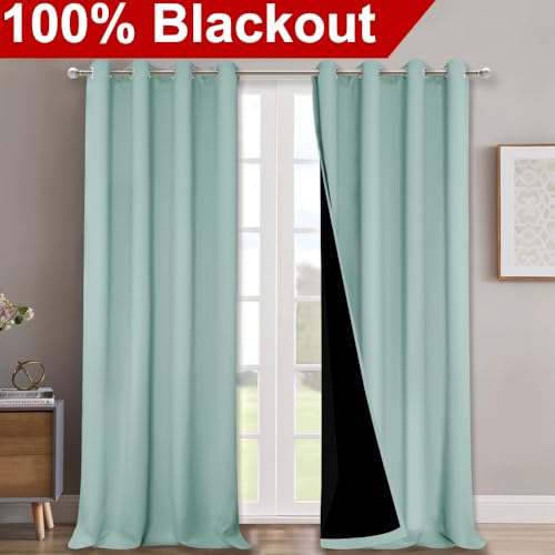 Image of NICETOWN 100% Blackout Blinds, Set of 2, 46 inch x 96 inch, Aqua Blue, Laundry Room Decor Window Treatment Curtains for Large Patio Sliding Door, Thermal Insulated Curtains for Bedroom
