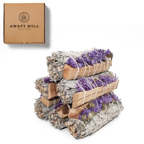 AWAFI MILL Palo Santo & Purple Sinuata with White Sage Smudge Stick | Hand-Tied Aromatic Bundle for Home Fragrance Meditation & Intention Setting | - Pack of 3 Stick