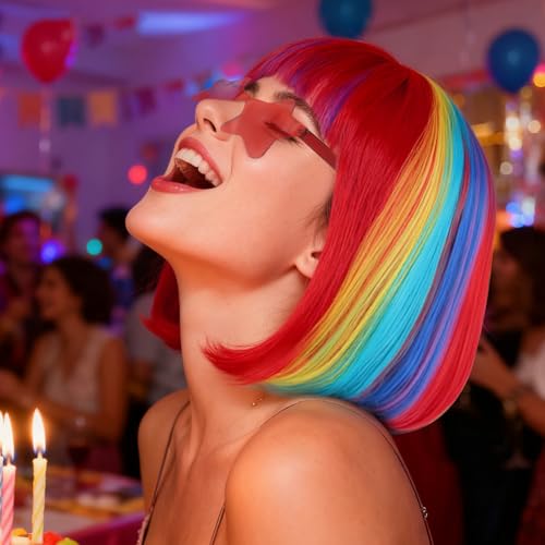 Image of ANOGOL Hair Cap + (Sunglasses) Rainbow Bob Wig with Bangs Womens Party Wigs with Star-Shaped Glasses Short Neon Wig Daily Party Fun Wigs Women Halloween Costume Bachelorette Hair